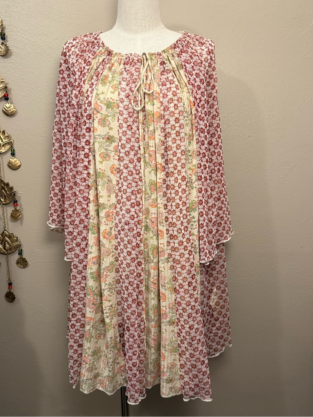 Free People Because I Love You Floral Tie Neck Printed tunic dress Women’s Large